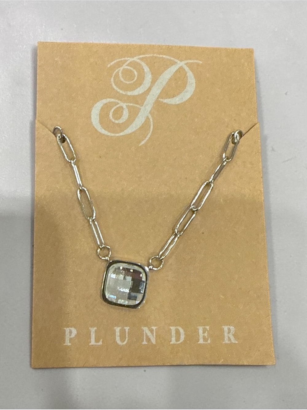 Plunder Silver-Tone Paperclip Chain Necklace with Clear Faceted Pendant